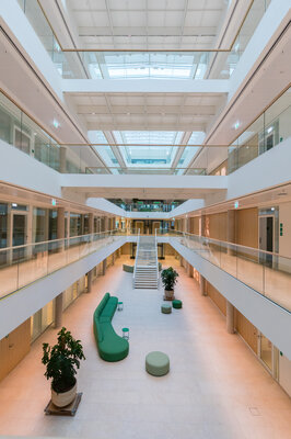 The atrium of the new office building at the headquarters in Essen. Photo credit: DEICHMANN SE, Rüdiger Fessel