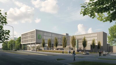 So wird das neue DEICHMANN-Gebäude von der Aktienstraße aus betrachtet 2025 aussehen. Animation: gmp Architekten